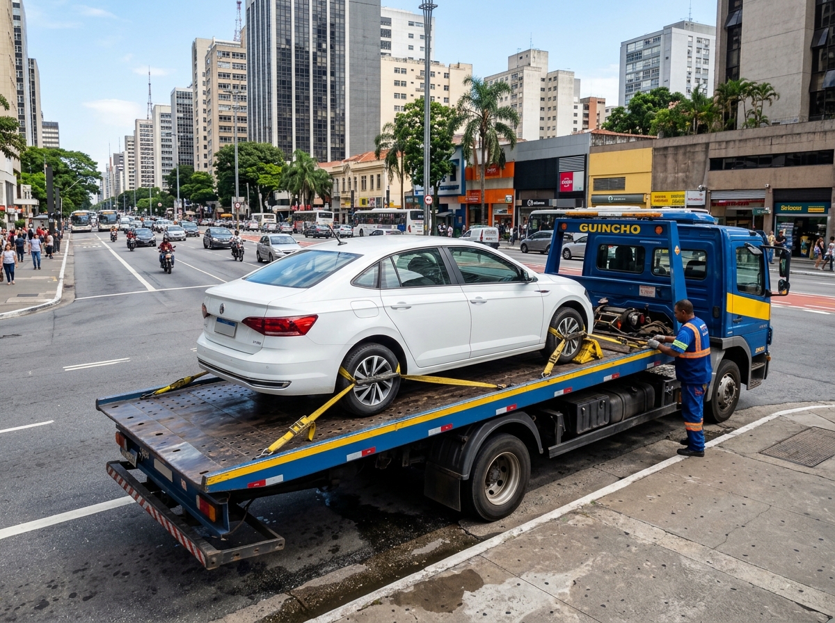 Caminhão guincho realizando reboque de carro na cidade