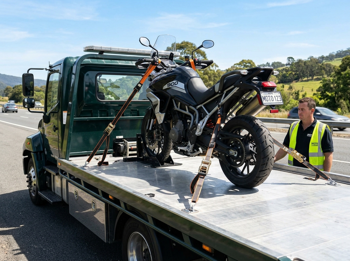 Caminhão guincho com moto amarrada por cintas técnicas